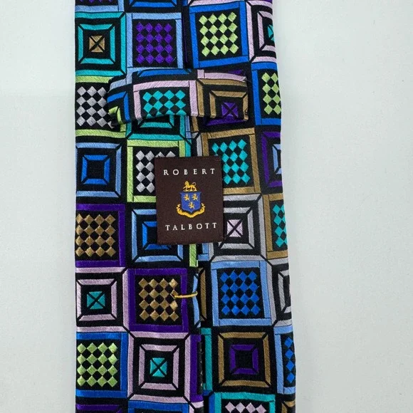 Robert Talbott Silk Tie Geometric Squares Pattern Purple Blue Green - Picture 3 of 6